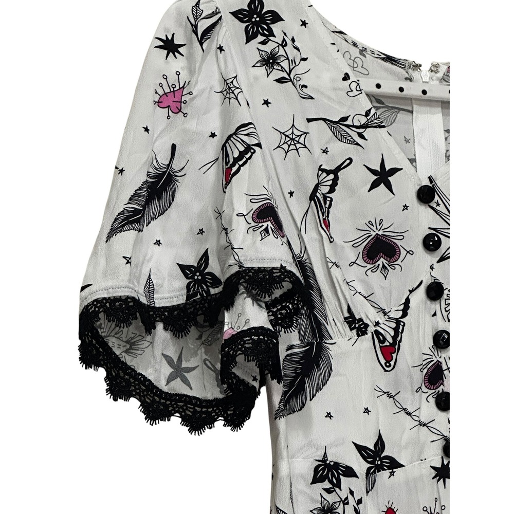 Hell Bunny Avery Dress White Tattoo Print Lace Trim Flutter Sleeve Midi Small - Picture 10 of 12